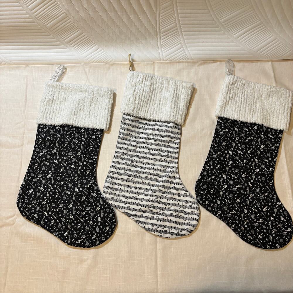 Set 3 Christmas Stockings Music Notes Instruments Sheet Music Black White